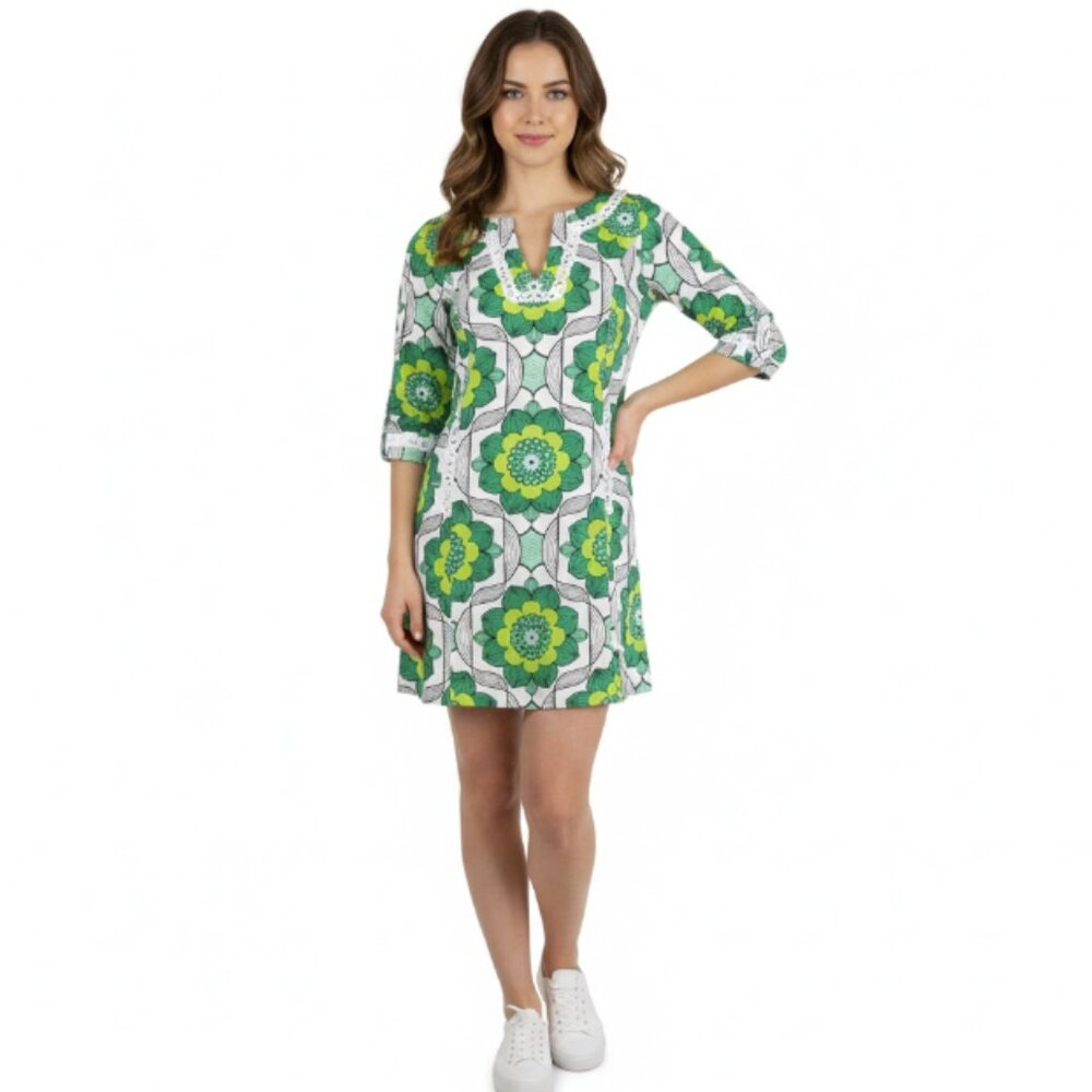 Tibi Green White Floral Y Neck Lace Detail Cotton‎ Mini Dress size 2